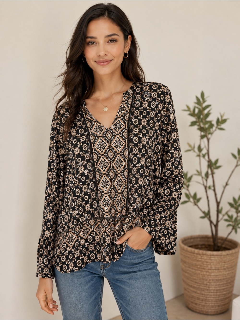Lucky Brand Cotton modal blend bell sleeves Printed V-Neck Peasant Blouse L